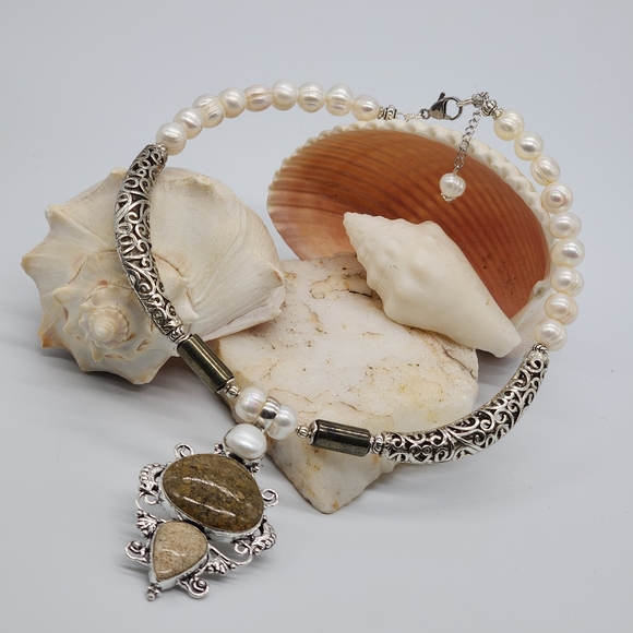 Genuine Stones Natural Pearl/Jasper/Coral Fossil Silver Pendant Necklace - Picture 8 of 11